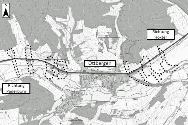 Karte des Untersuchungsgebietes zur Vorbereitung der Planfeststellung für das Vorhaben Neubau der Bundesstraße 64/83