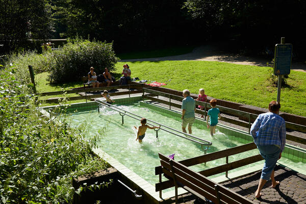 Erwachsene und Kinder genießen eine gesunde Abkühlung im Tretbecken nahe des Brunnenausschanks im Kurpark Kaiserbrunnen