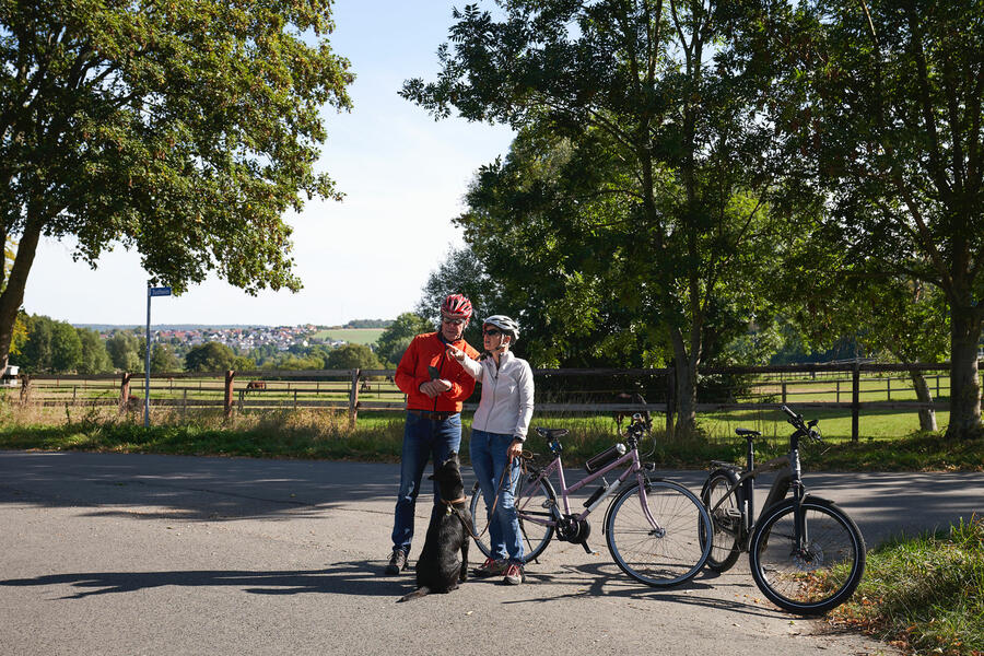 Sportliches Ehepaar mit Fahrrädern schaut auf das Navi