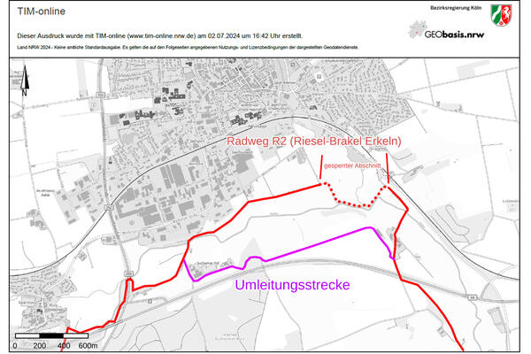 Plan Umleitung aufgrund der Teilsperrung Radweg R 2