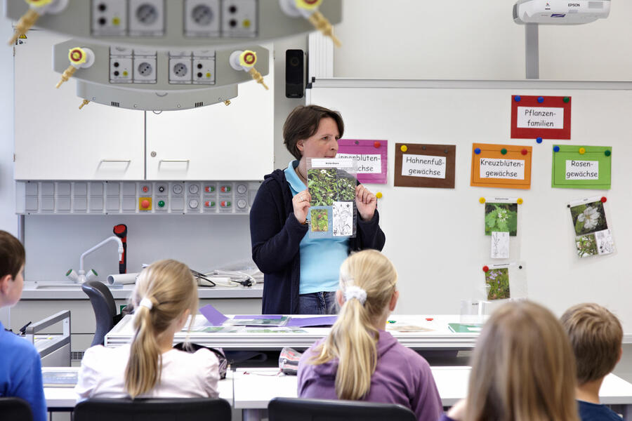 Eine Lehrerin zeigt ihren Schülerinnen und Schülern eine Tafel mit Pflanzen im Biologieunterricht